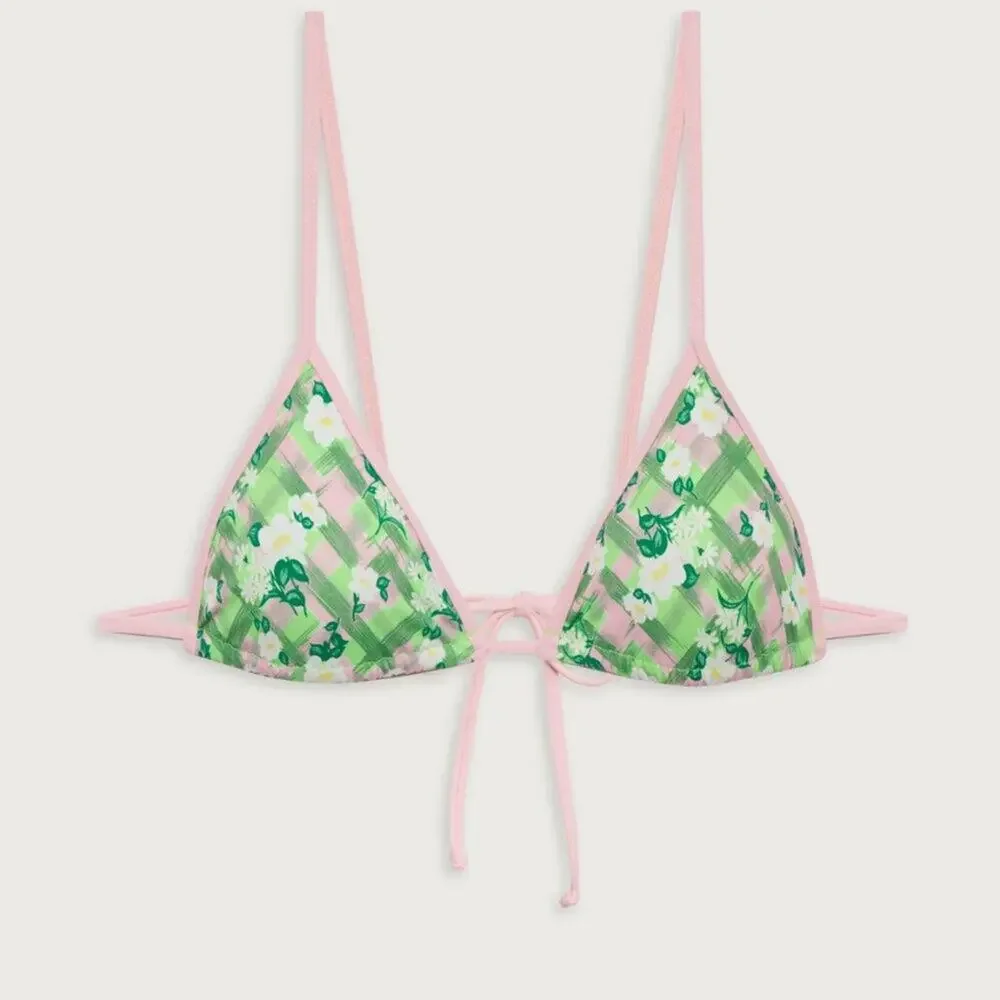Frankies Bikinis Lumia Plaid Triangle Bikini Top - Baby Daisy - L - NWT